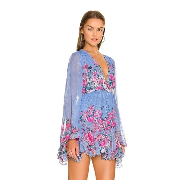 NWT Hemant & Nandita Mila Floral Metallic Stripe Dress Stone Blue L Valentines - Picture 2 of 16